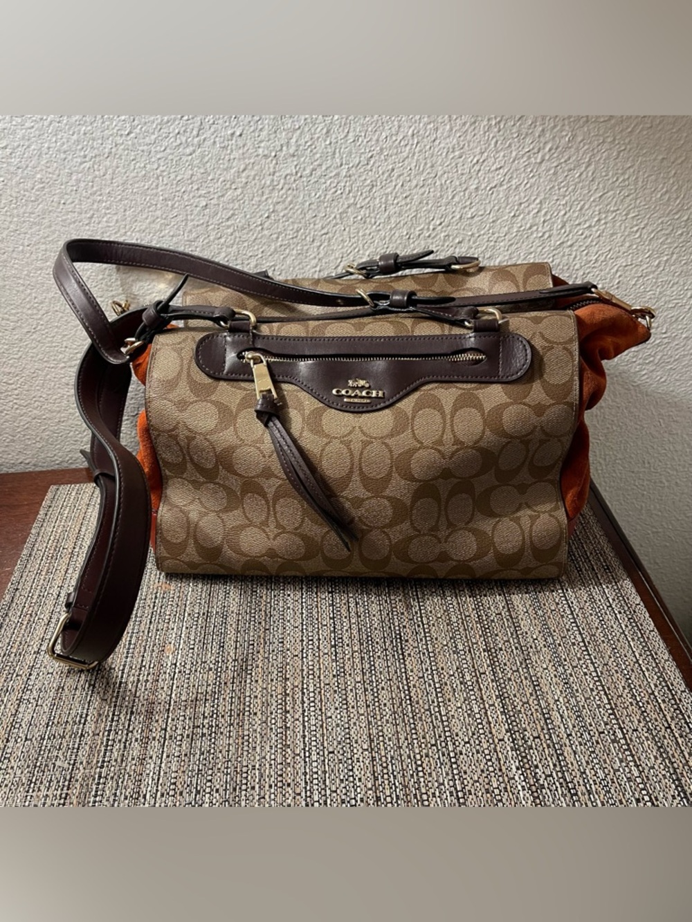 COACH Kleo Carryall in Signature Canvas, Suede & Leather Multi Color Design Bag